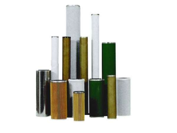 Several different coalescer and separator filter elements on gray background.